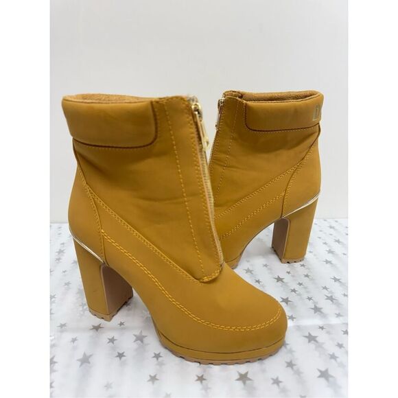 DKNY Booties Size 7.5 Mustard Block Heel Lug Sole Front Zip Boots - Picture 7 of 11
